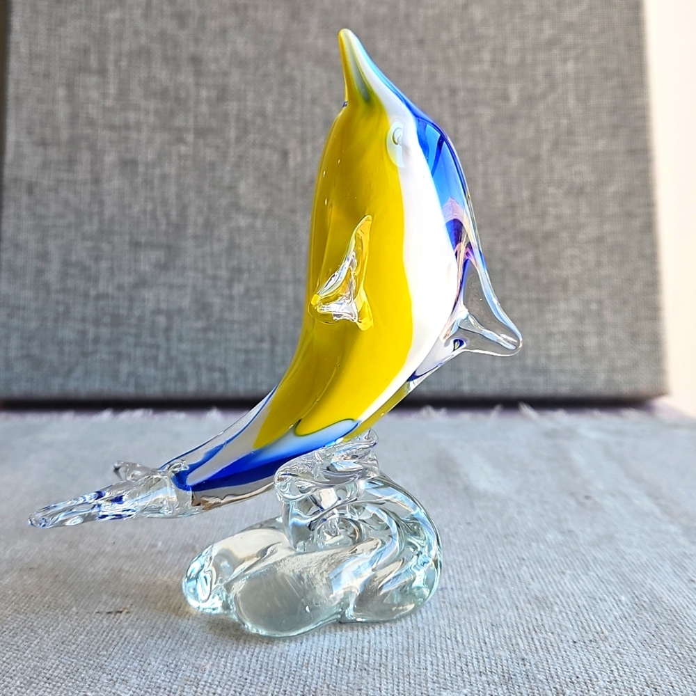 Art Glass Dolphin On A Wave Paperweight Sculpture Figure